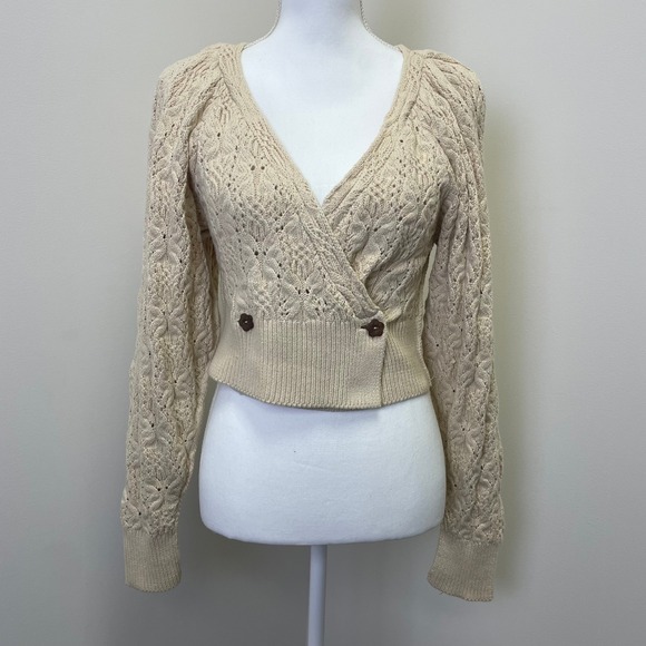 Free People Sweaters - Free People Cream Pointelle Cable Knit Wrap Cardigan XS Puff Sleeve Cropped